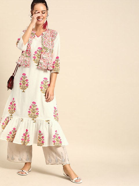 

Nayo Women White & Pink Printed A-Line Layered Fusion Kurta With Ethnic Jacket