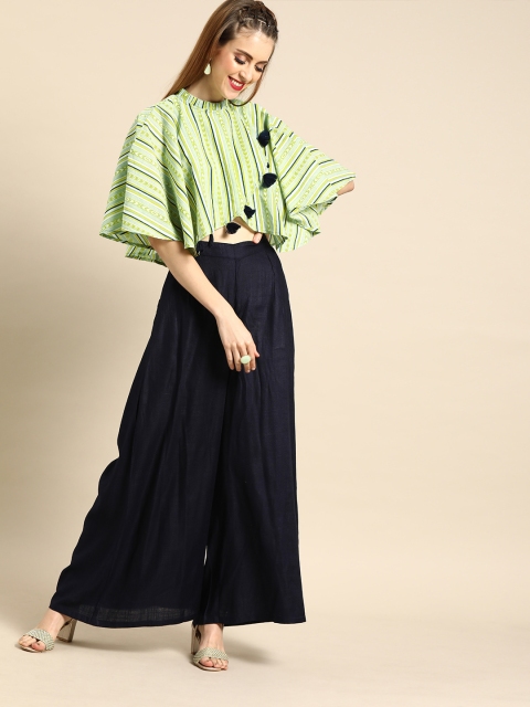 

Nayo Women Green Striped Wrap Cape Cropped Pure Cotton Top With Tassel Detail