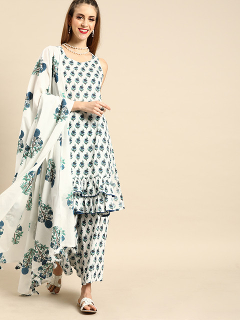 

Nayo Women White & Blue Printed Tiered Kurta with Palazzos & Dupatta
