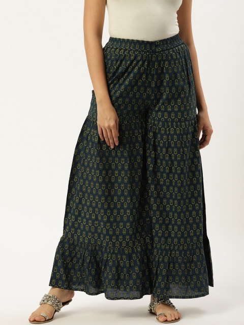 

Nayo Women Navy Blue & Yellow Printed Flared Palazzos