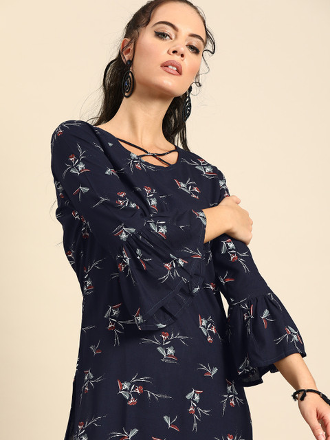 

Nayo Women Navy Blue & Grey Floral Print Straight Kurta