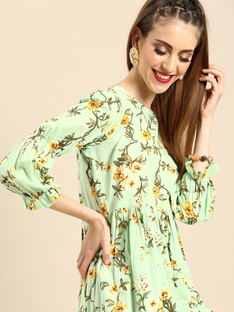 

Nayo Women Sea Green & Yellow Floral Print A-Line Kurta With Pleated Detail