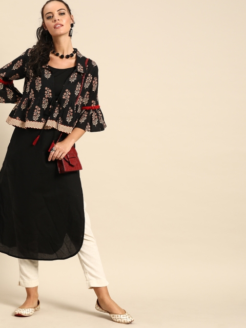 

Nayo Women Black & Beige Solid Straight Kurta With Ethnic Jacket