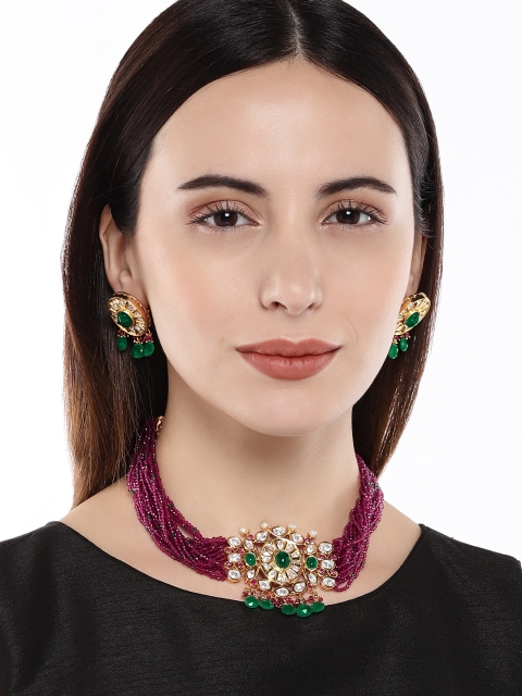 

AccessHer Red & Green Gold-Plated Handcrafted Kundan Embellished Jadau Necklace Set