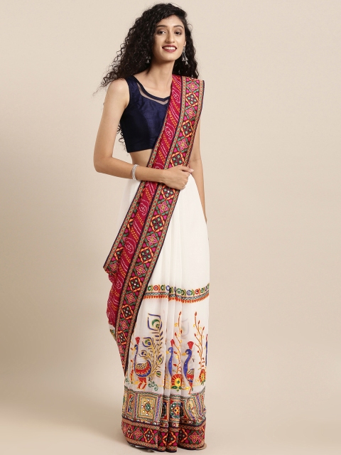 

VASTRANAND White & Pink Pure Georgette Embroidered Bandhani Saree