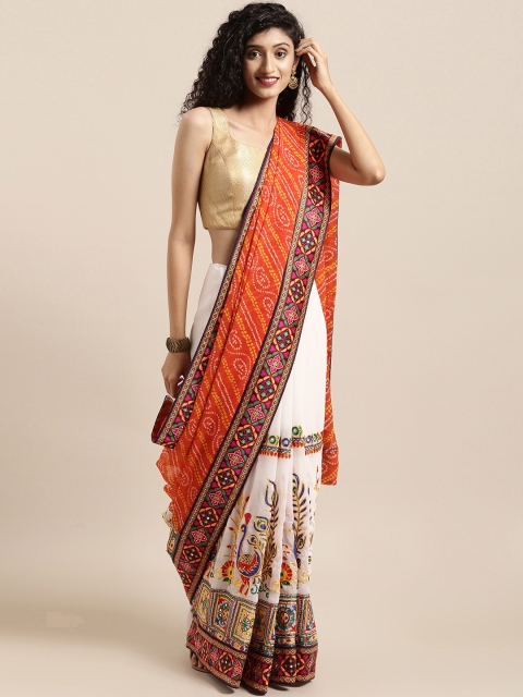 

VASTRANAND White & Orange Pure Georgette Embroidered Bandhani Saree