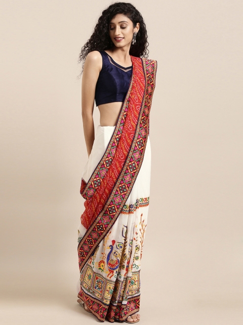 

VASTRANAND White & Red Pure Georgette Embroidered Bandhani Saree