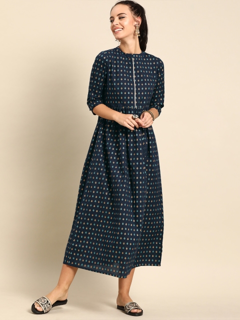 

Nayo Women Navy Blue Printed A-Line Dress With Gathered Detail