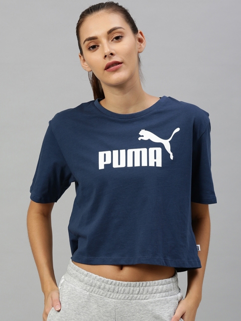 

Puma Women Teal Blue Printed Essentials+ Relaxed Fit Round Neck Crop T-shirt