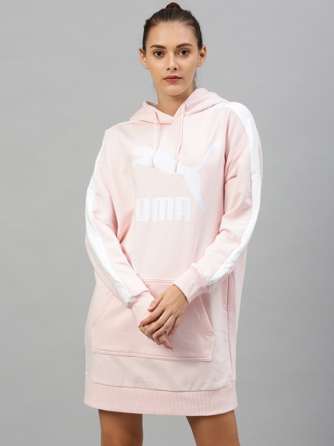 

Puma Women Pink Printed Classics T7 Hooded Sweatshirt Dress