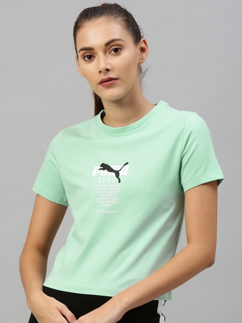 

Puma Women Green Solid Round Neck Cropped T-shirt with Printed Detail