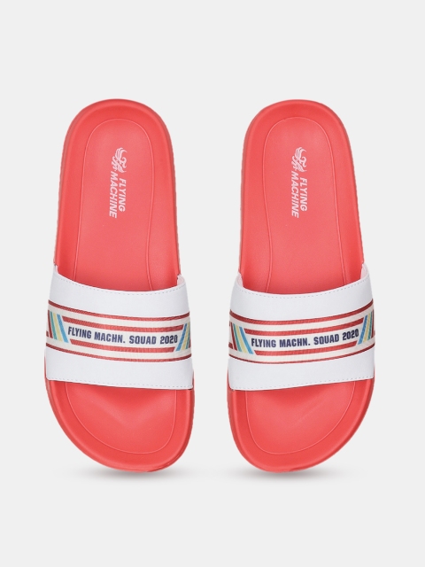

Flying Machine Men White & Coral Printed Sliders