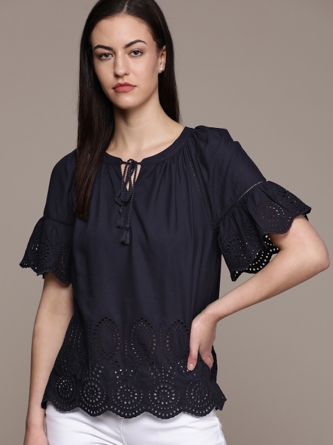 

GAP Women Navy Blue Bell Sleeve Eyelet Pure Cotton Top