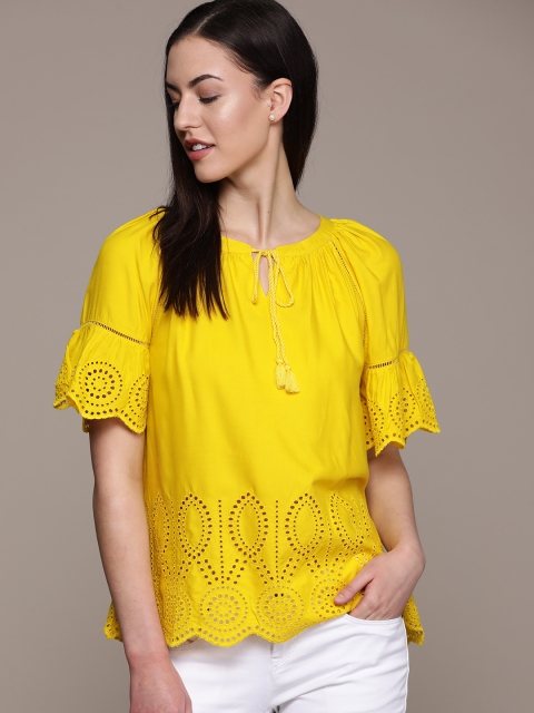 

GAP Women Mustard Yellow Schiffli Embroidered Detail Top