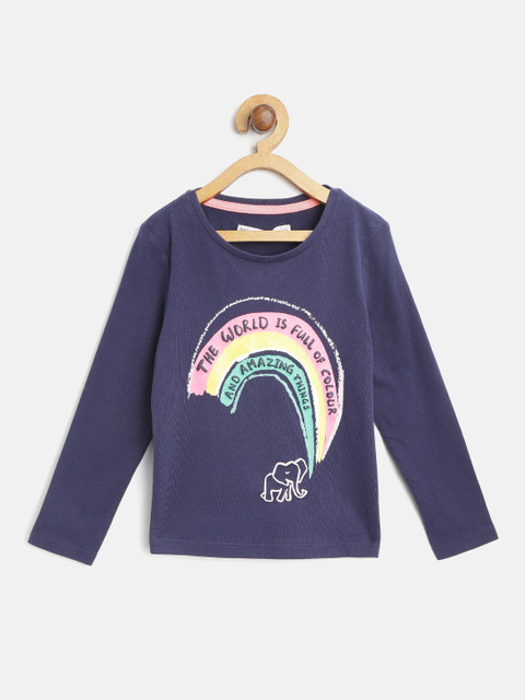 

Marks & Spencer Girls Navy Blue & Pink Printed Round Neck T-shirt