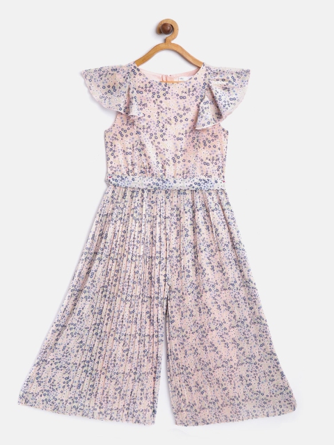 

Marks & Spencer Girls Peach-Coloured & Blue Printed Culotte Jumpsuit