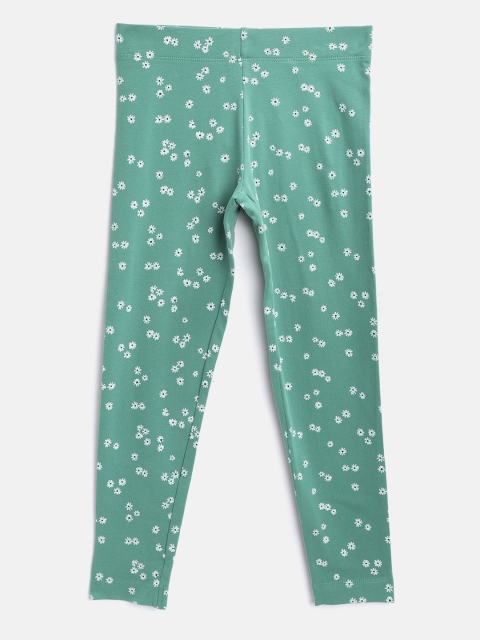 

Marks & Spencer Girls Green & Off-White Floral Print Ankle-Length Leggings