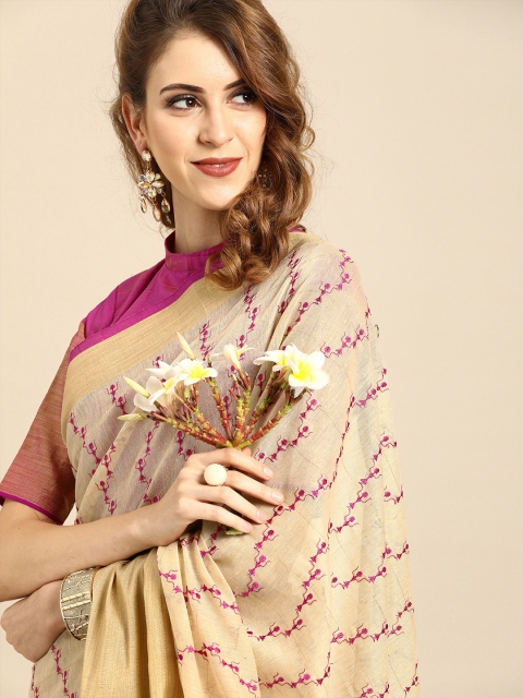 

Saree mall Beige & Magenta Pink Polycotton Embroidered Saree