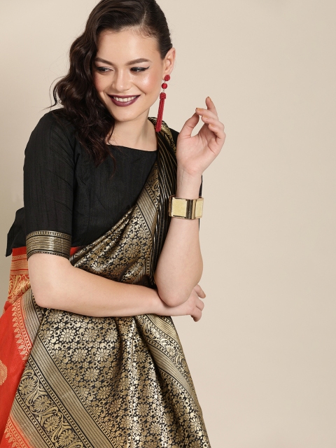 

Saree mall Red & Black Silk Blend Woven Design Banarasi Saree