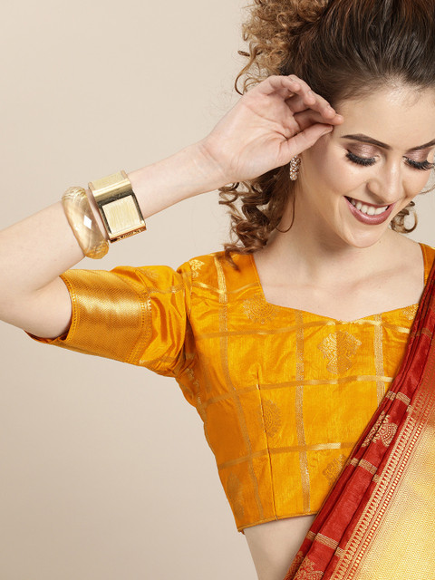 

Saree mall Red & Golden Silk Blend Woven Design Banarasi Saree