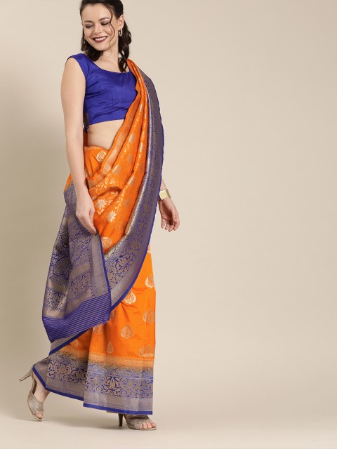 

Saree mall Orange & Blue Silk Blend Woven Design Banarasi Saree