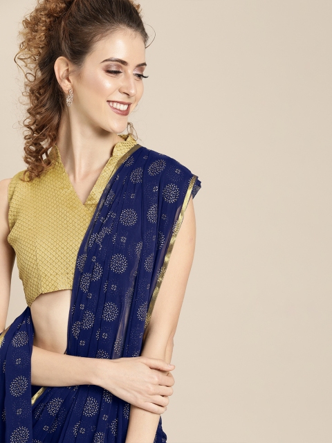 

Saree mall Navy Blue & Gold-Coloured Poly Chiffon Printed Saree