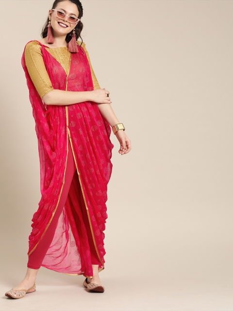 

Saree mall Pink & Gold-Coloured Poly Chiffon Printed Saree