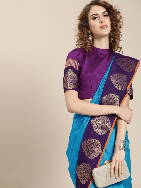 

Saree mall Blue & Purple Silk Blend Woven Design Banarasi Saree