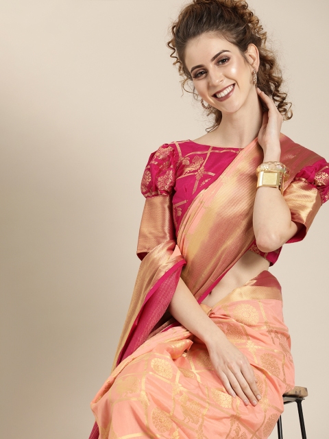 

Saree mall Peach-Coloured & Golden Silk Blend Woven Design Banarasi Saree