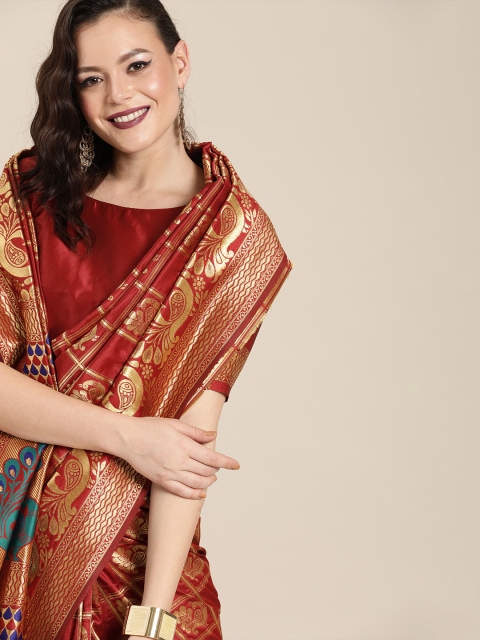 

Saree mall Maroon & Golden Silk Blend Woven Design Banarasi Saree