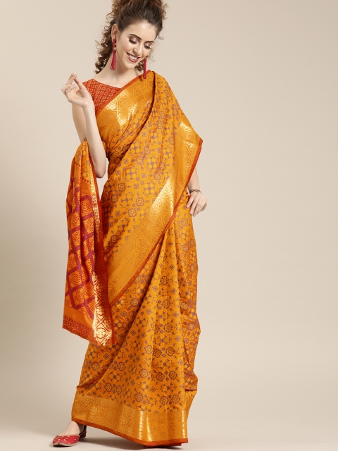 

Saree mall Yellow & Red Silk Blend Woven Design Banarasi Saree