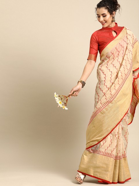 

Saree mall Beige & Red Polycotton Embroidered Saree