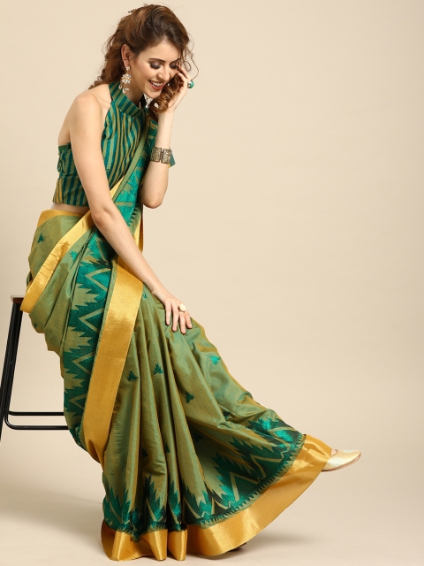 

Saree mall Green Embroidered Linen Blend Saree