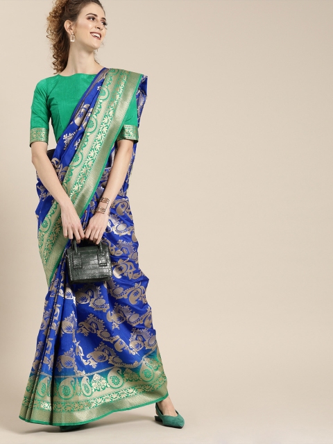 

Saree mall Blue & Green Silk Blend Woven Design Banarasi Saree