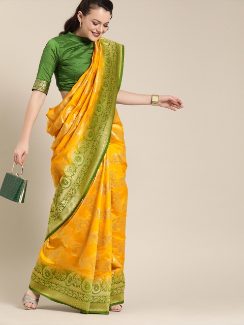 

Saree mall Yellow & Green Silk Blend Woven Design Banarasi Saree