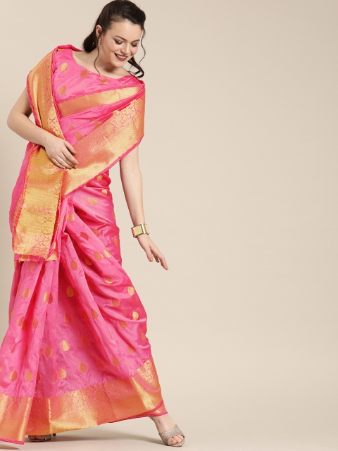 

Saree mall Pink & Gold-Toned Silk Blend Woven Design Banarasi Saree