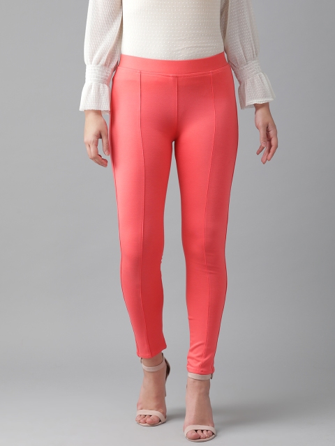 

Anaisa Women Coral Pink Slim Fit Solid Treggings