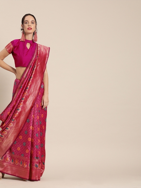 

Mitera Pink & Gold-Coloured Silk Blend Woven Design Banarasi Saree