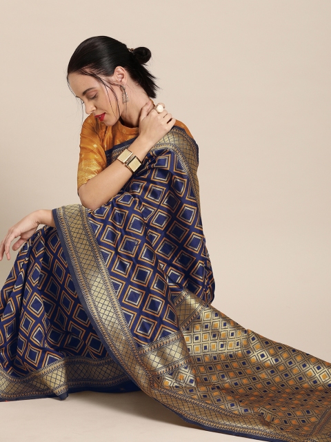 

Mitera Navy Blue & Gold-Toned Silk Blend Checked Banarasi Saree