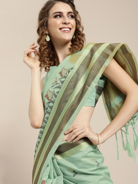 

Mitera Sea Green & Gold-Toned Silk Blend Woven Design Banarasi Saree