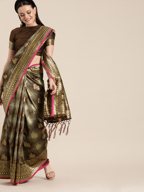 

Mitera Brown & Grey Silk Blend Woven Design Banarasi Saree