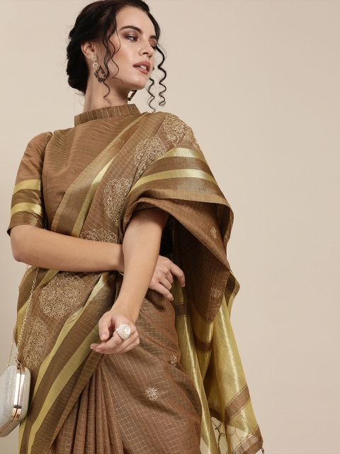 

Mitera Brown & Gold-Coloured Silk Blend Checked Saree with Embroidered Detail