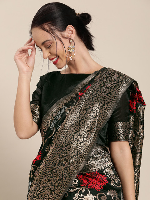 

Mitera Black & Red Silk Blend Woven Design Banarasi Saree