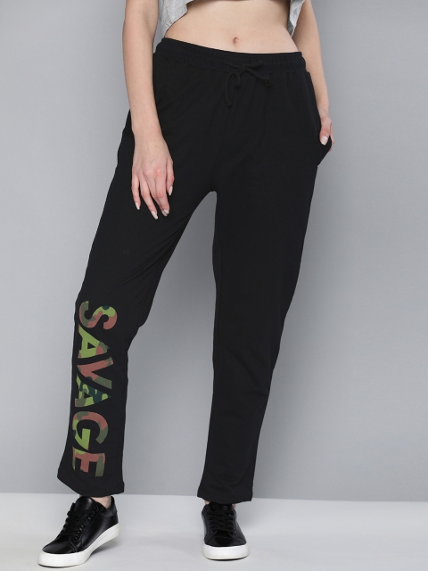 

Kook N Keech Women Black Straight Fit Solid Track Pants with Printed Detail