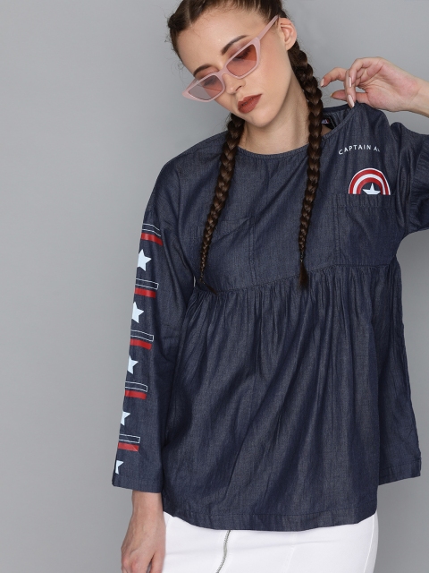 

Kook N Keech Marvel Women Blue Solid Empire Chambray Pure Cotton Top