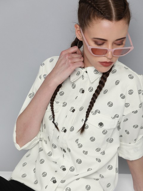 

Kook N Keech Marvel Women Off-White & Grey Regular Fit Printed Casual Denim Shirt