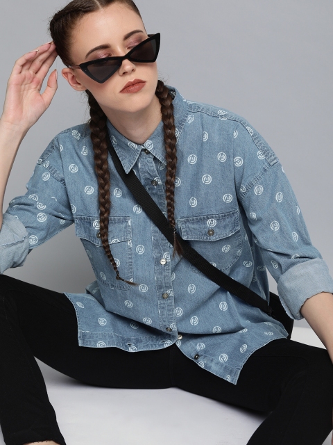 

Kook N Keech Marvel Women Blue Regular Fit Printed Casual Denim hirt