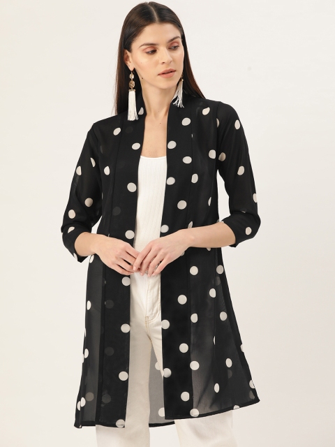 

Darzi Women Black & Off-White Printed Semi-Sheer Longline Open Front Shrug