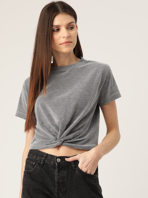 

Rue Collection Women Charcoal Grey & White Self-Design Crop Pure Cotton Top