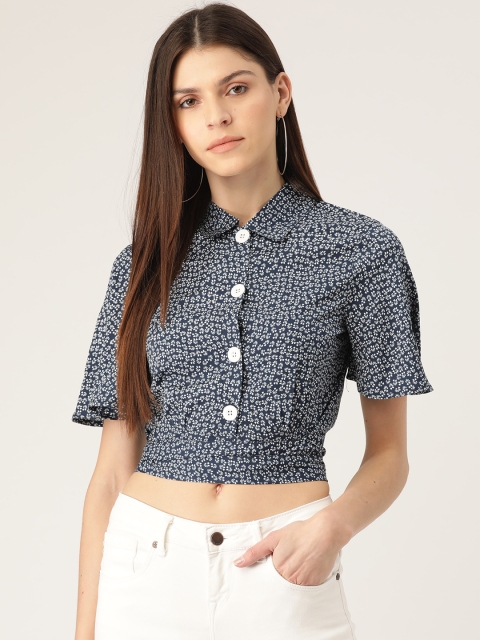 

Rue Collection Women Navy Blue & White Regular Fit Printed Crop Casual Shirt